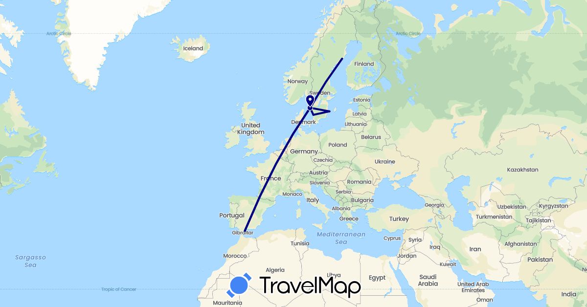 TravelMap itinerary: driving, plane in Spain, Sweden (Europe)